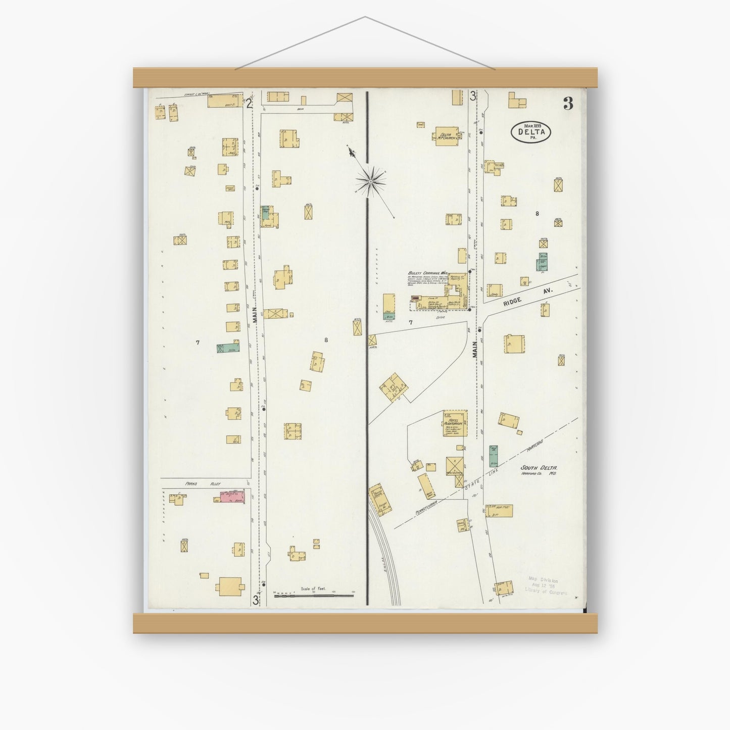 Old map wall art mockup — magnetic wood frame on white wall — Sanborn Fire Insurance Map from Delta, York County, Pennsylvania (1899), Sheet #0003