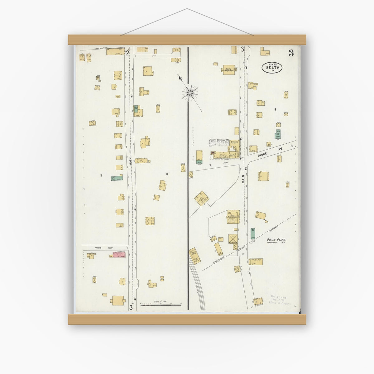 Old map wall art mockup — magnetic wood frame on white wall — Sanborn Fire Insurance Map from Delta, York County, Pennsylvania (1899), Sheet #0003