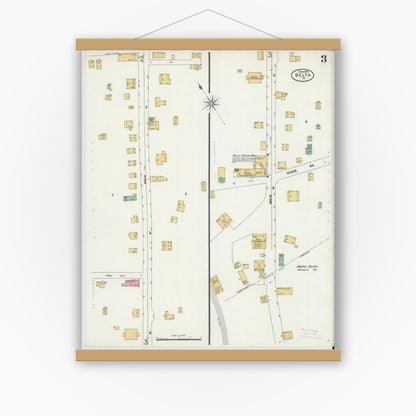 Old map wall art mockup — magnetic wood frame on white wall — Sanborn Fire Insurance Map from Delta, York County, Pennsylvania (1899), Sheet #0003