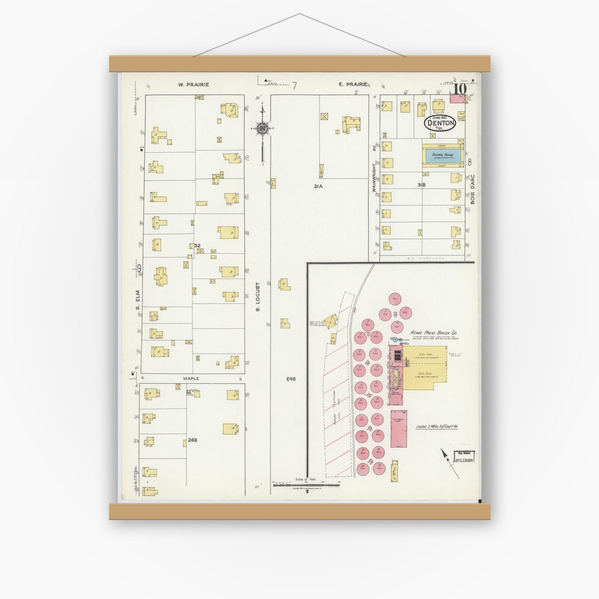 Old map wall art mockup — magnetic wood frame on white wall — Sanborn Fire Insurance Map from Denton, Denton County, Texas (1921), Sheet #0010