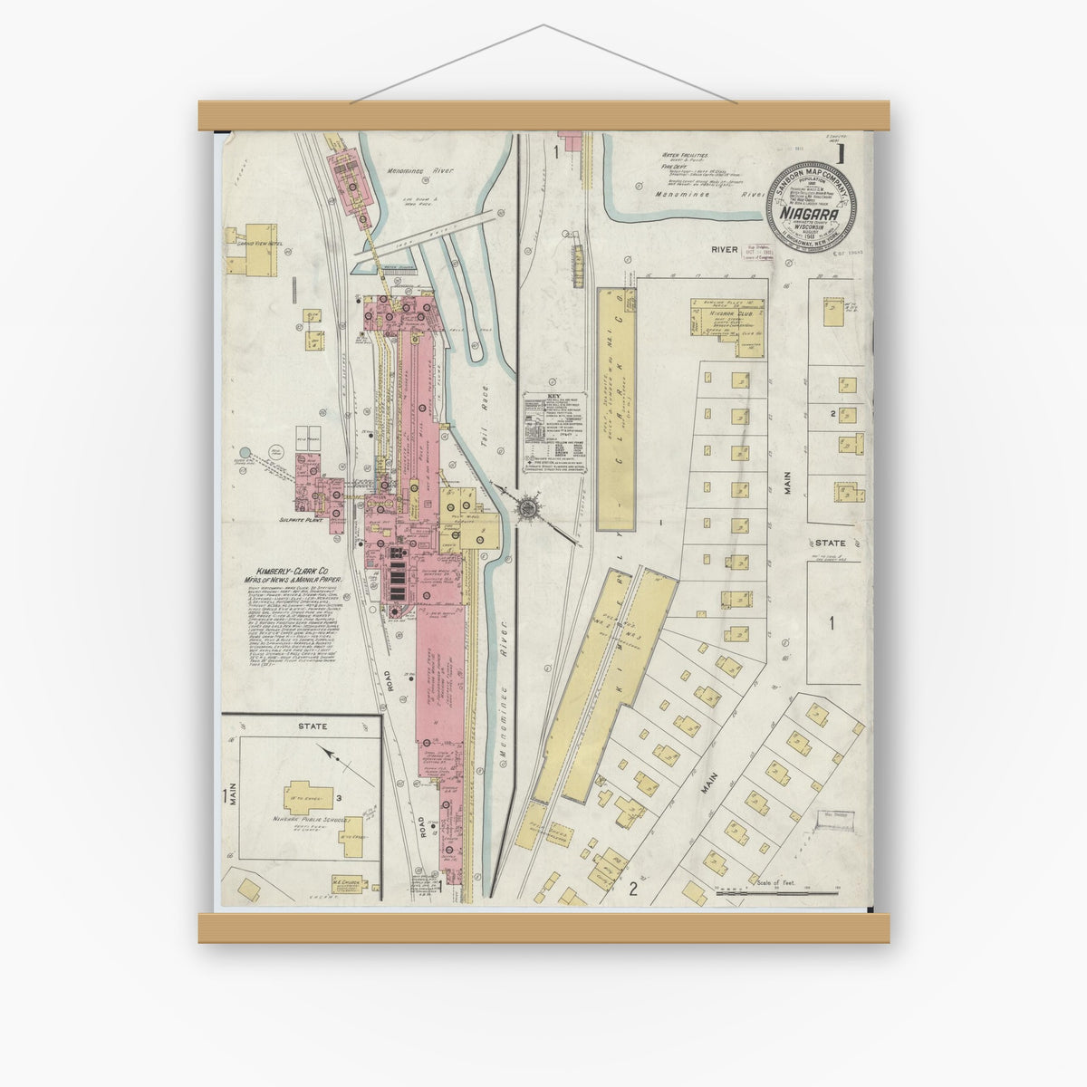 Old map wall art mockup — magnetic wood frame on white wall — Sanborn Fire Insurance Map from Niagara, Marinette County, Wisconsin (1911), Sheet #0001