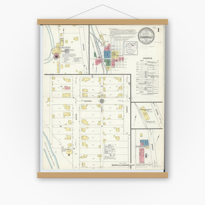 Old map wall art mockup — magnetic wood frame on white wall — Sanborn Fire Insurance Map from Loudonville, Ashland County, Ohio (1913), Sheet #0001