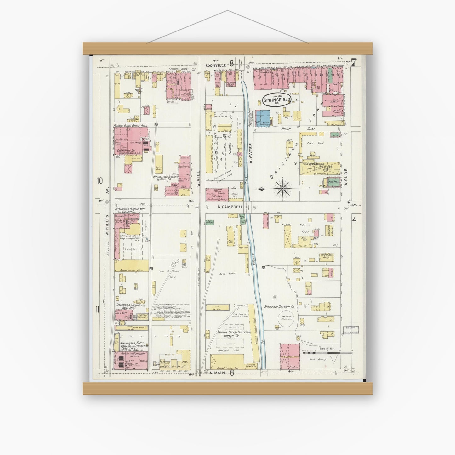Old map wall art mockup — magnetic wood frame on white wall — Sanborn Fire Insurance Map from Springfield, Greene County, Missouri (1896), Sheet #0007
