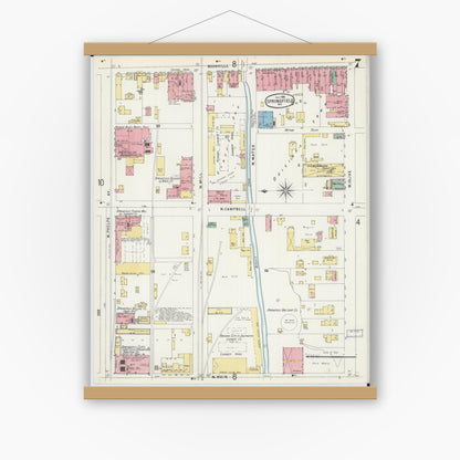 Old map wall art mockup — magnetic wood frame on white wall — Sanborn Fire Insurance Map from Springfield, Greene County, Missouri (1896), Sheet #0007