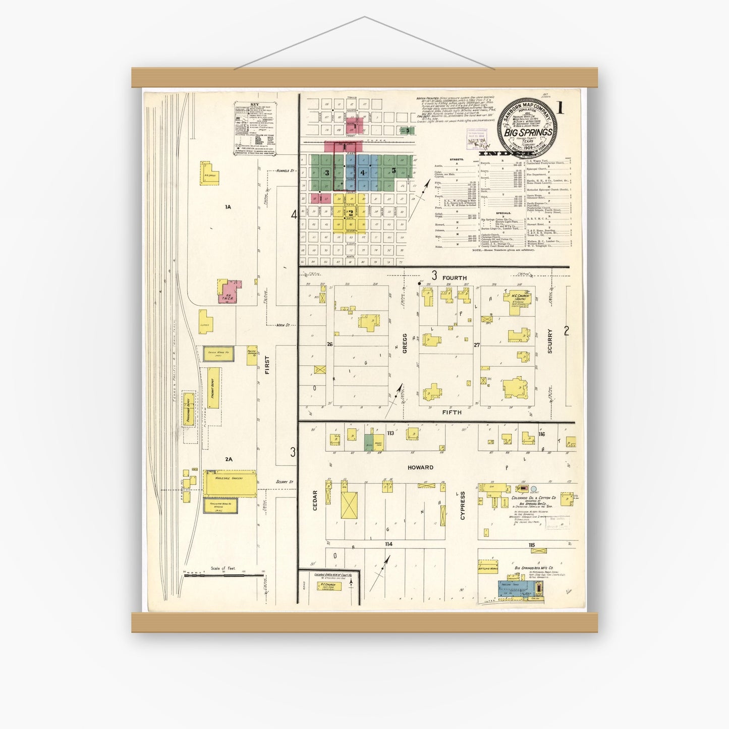 Old map wall art mockup — magnetic wood frame on white wall — Sanborn Fire Insurance Map from Big Spring, Howard County, Texas (1909), Sheet #0001