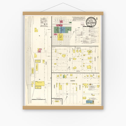 Old map wall art mockup — magnetic wood frame on white wall — Sanborn Fire Insurance Map from Big Spring, Howard County, Texas (1909), Sheet #0001