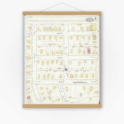 Old map wall art mockup — magnetic wood frame on white wall — Sanborn Fire Insurance Map from Shelbina, Shelby County, Missouri (1916), Sheet #0004