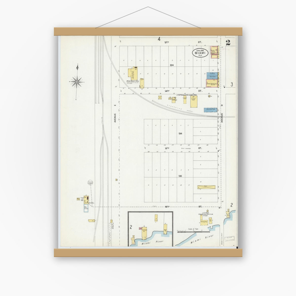 Old map wall art mockup — magnetic wood frame on white wall — Sanborn Fire Insurance Map from Miami, Dade County, Florida (1903), Sheet #0002