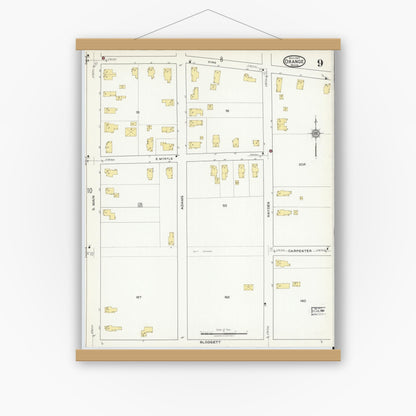 Old map wall art mockup — magnetic wood frame on white wall — Sanborn Fire Insurance Map from Orange, Franklin County, Massachusetts (1917), Sheet #0009