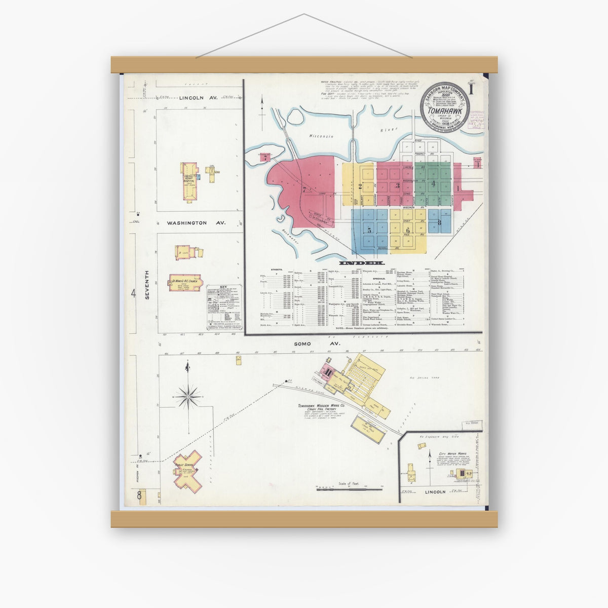 Old map wall art mockup — magnetic wood frame on white wall — Sanborn Fire Insurance Map from Tomahawk, Lincoln County, Wisconsin (1908) - Complete Map Set