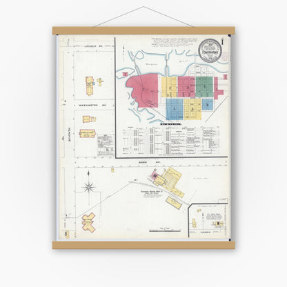 Old map wall art mockup — magnetic wood frame on white wall — Sanborn Fire Insurance Map from Tomahawk, Lincoln County, Wisconsin (1908) - Complete Map Set