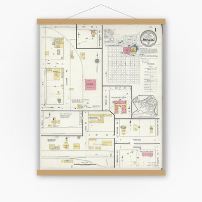 Old map wall art mockup — magnetic wood frame on white wall — Sanborn Fire Insurance Map from Mercedes, Hidalgo County, Texas (1917), Sheet #0001