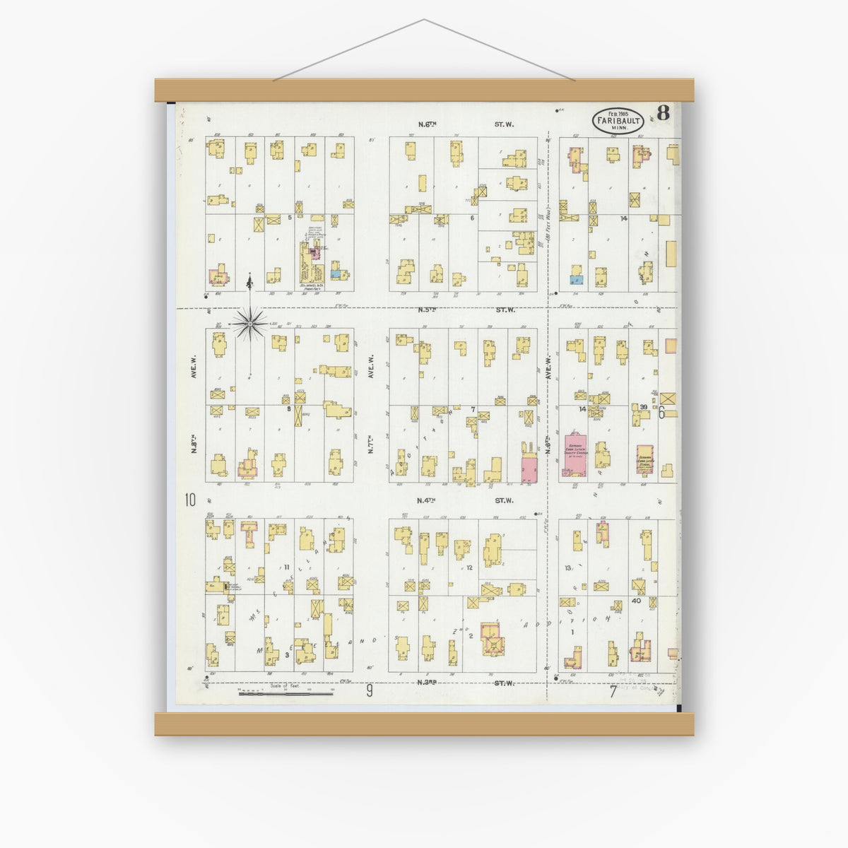 Old map wall art mockup — magnetic wood frame on white wall — Sanborn Fire Insurance Map from Faribault, Rice County, Minnesota (1905), Sheet #0008