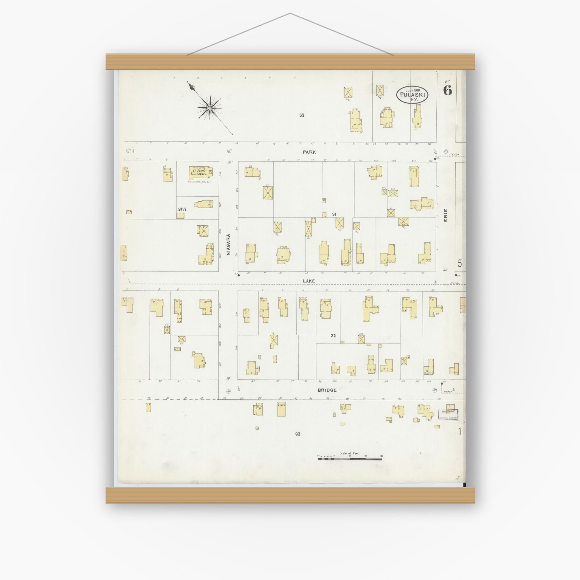 Old map wall art mockup — magnetic wood frame on white wall — Sanborn Fire Insurance Map from Pulaski, Oswego County, New York (1906), Sheet #0006