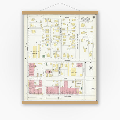 Old map wall art mockup — magnetic wood frame on white wall — Sanborn Fire Insurance Map from Gainesville, Cooke County, Texas (1902), Sheet #0008