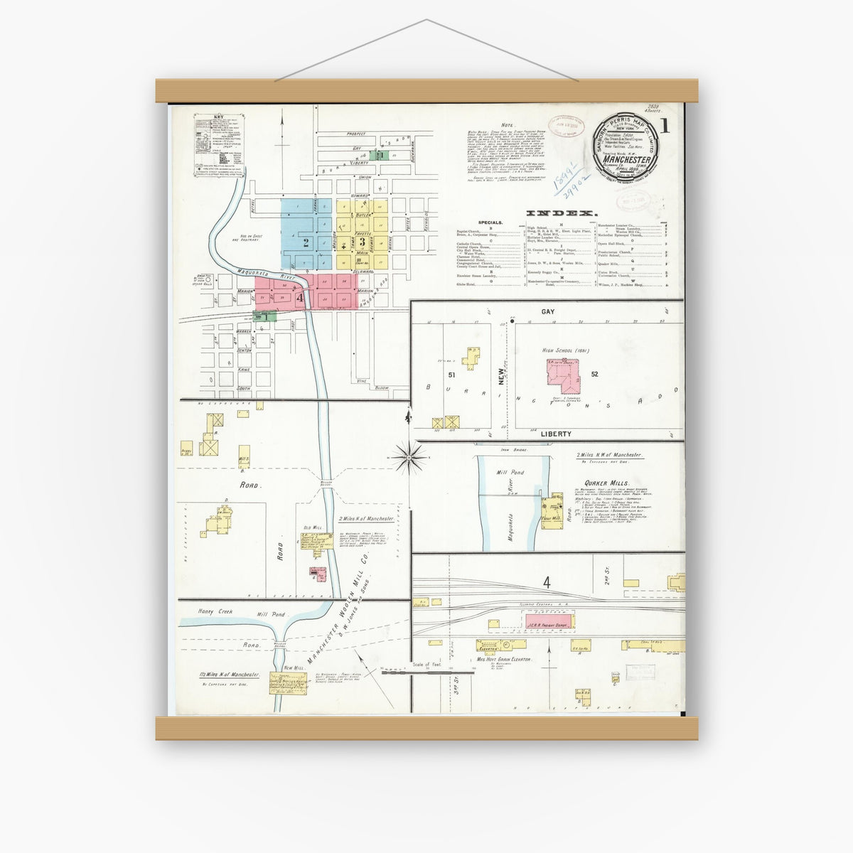 Old map wall art mockup — magnetic wood frame on white wall — Sanborn Fire Insurance Map from Manchester, Delaware County, Iowa (1899) â€” Complete Set
