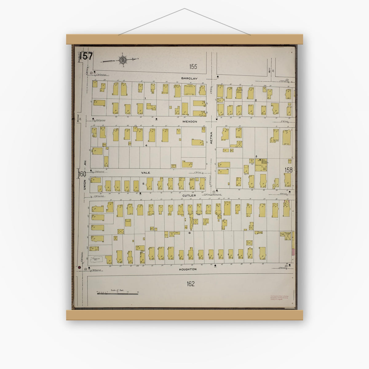 Old map wall art mockup — magnetic wood frame on white wall — Sanborn Fire Insurance Map from Worcester, Worcester County, Massachusetts (1910), Sheet #0157