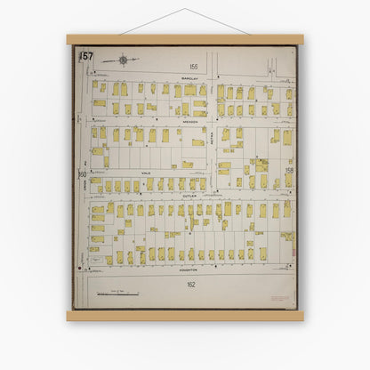 Old map wall art mockup — magnetic wood frame on white wall — Sanborn Fire Insurance Map from Worcester, Worcester County, Massachusetts (1910), Sheet #0157