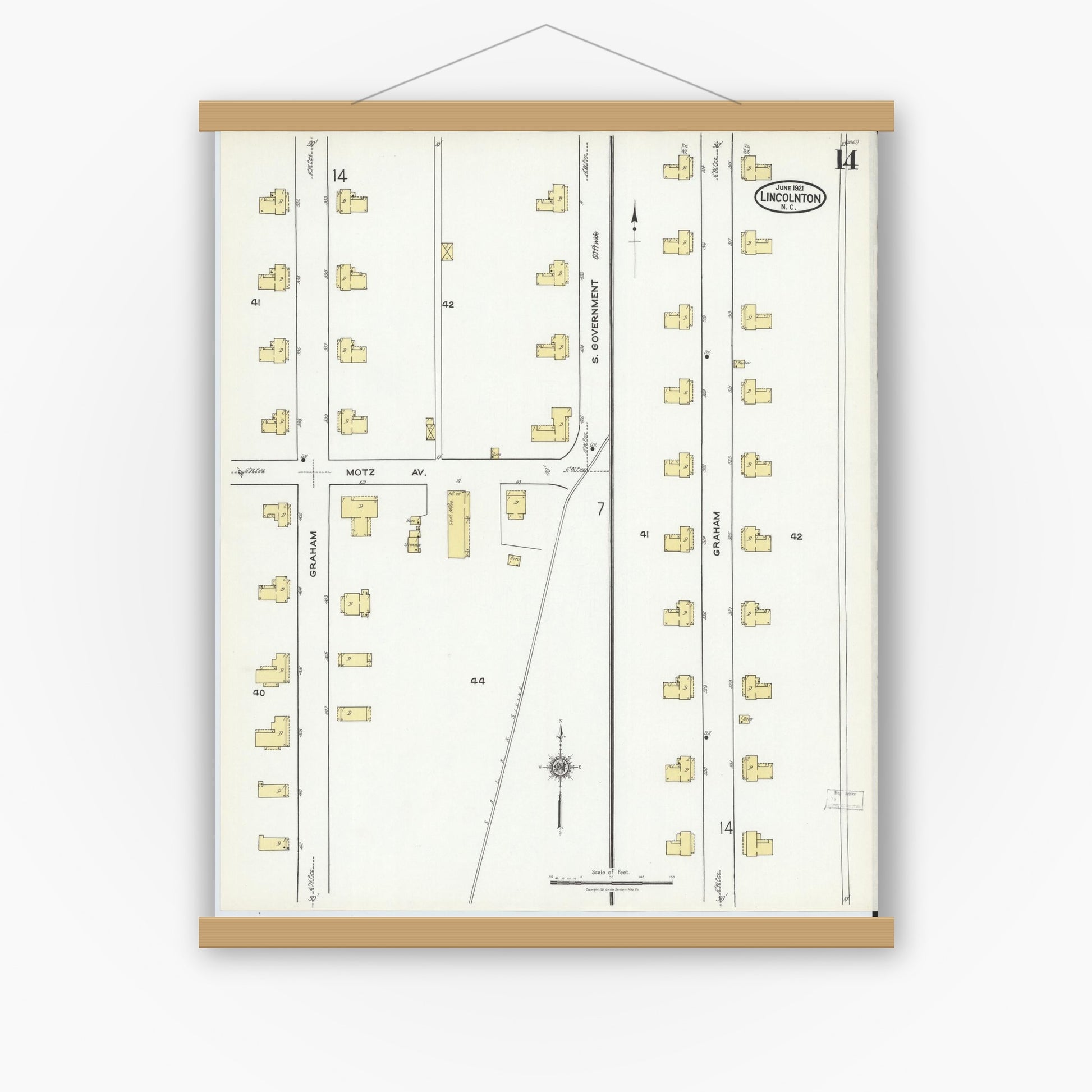 Old map wall art mockup — magnetic wood frame on white wall — Sanborn Fire Insurance Map from Lincolnton, Lincoln County, North Carolina (1921), Sheet #0014