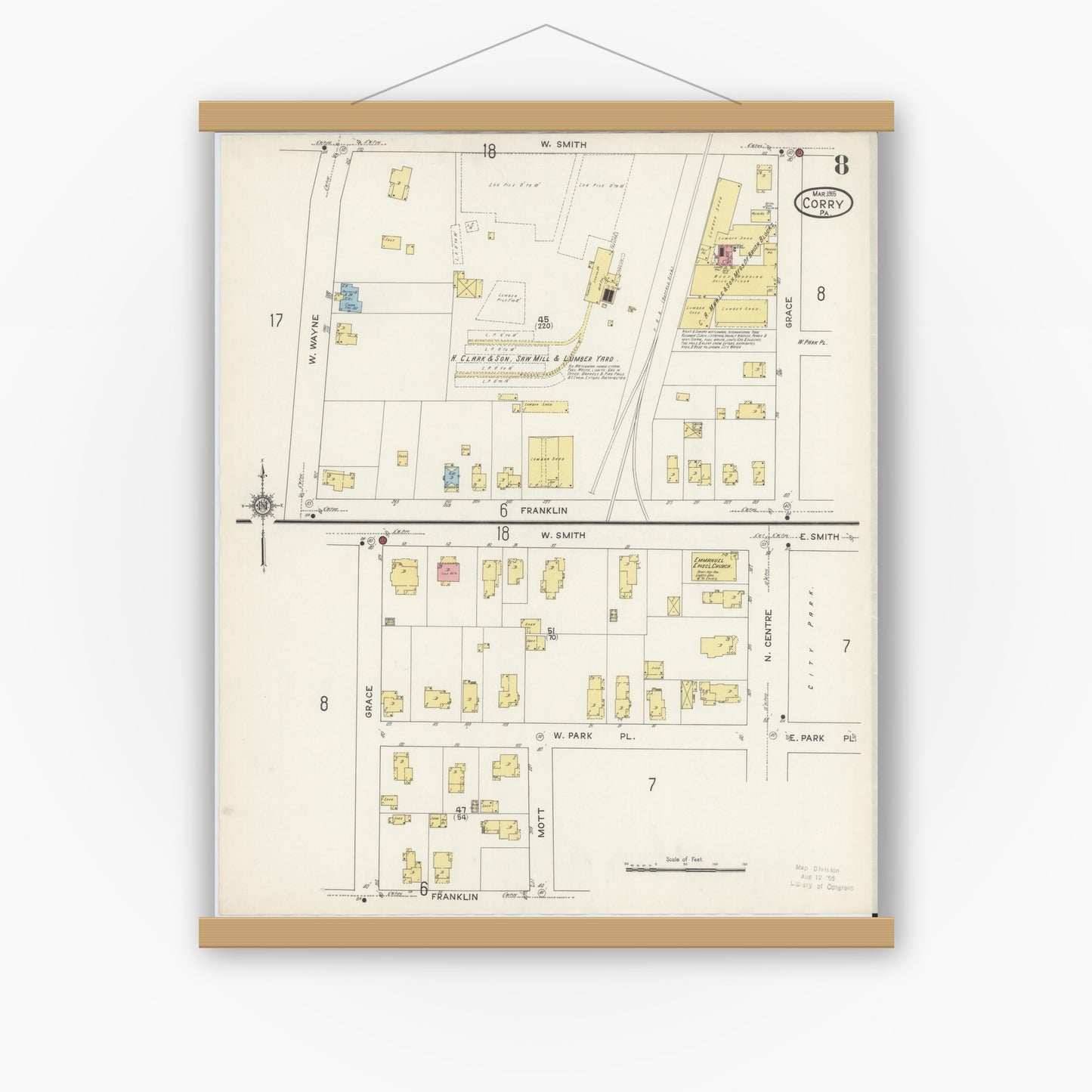 Old map wall art mockup — magnetic wood frame on white wall — Sanborn Fire Insurance Map from Corry, Erie County, Pennsylvania (1915), Sheet #0008
