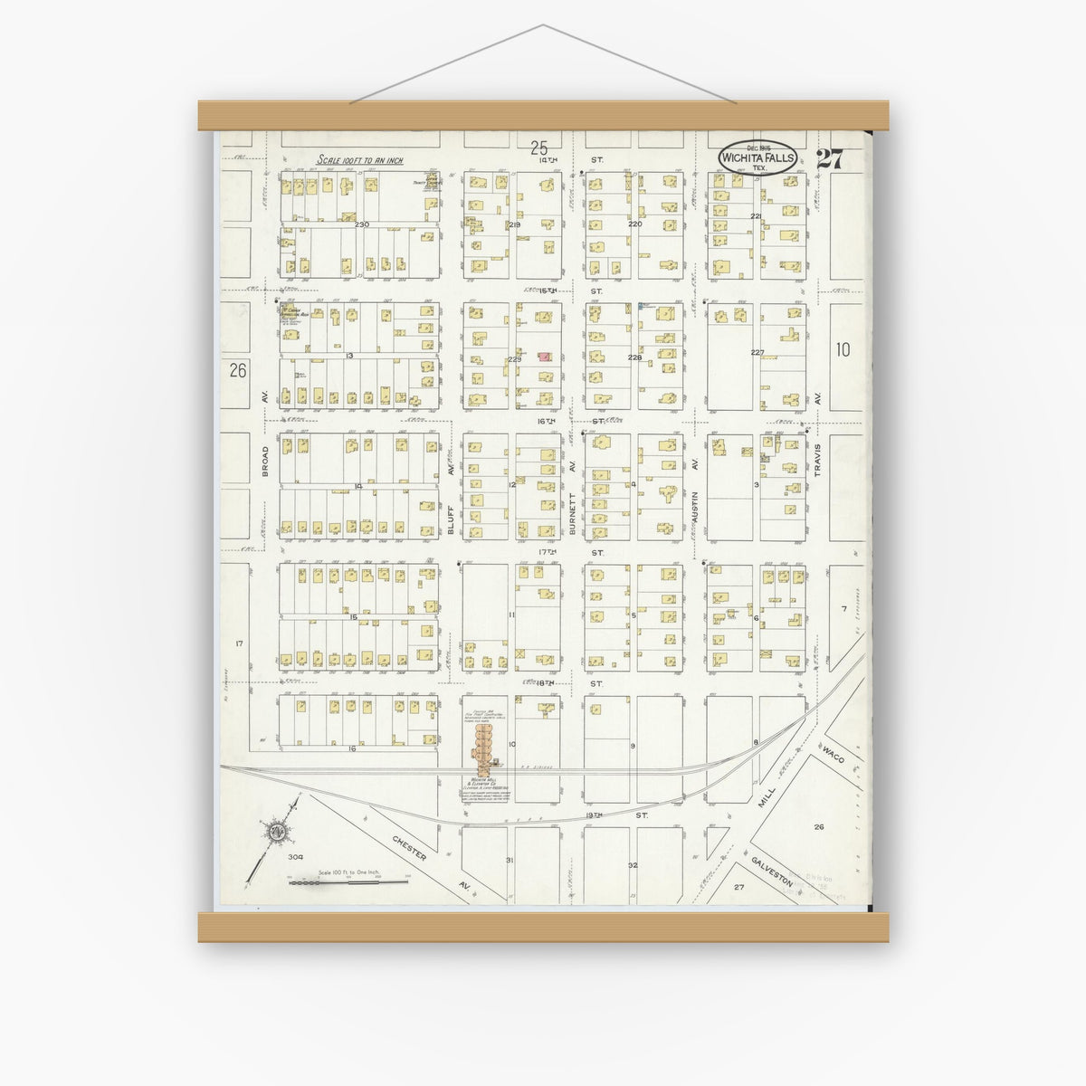 Old map wall art mockup — magnetic wood frame on white wall — Sanborn Fire Insurance Map from Wichita Falls, Wichita County, Texas (1915), Sheet #0027