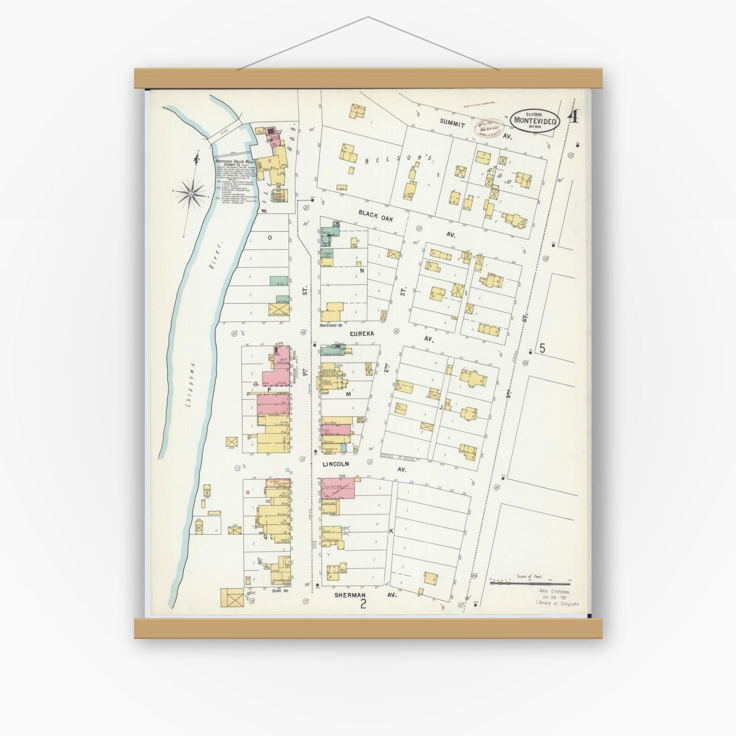 Old map wall art mockup — magnetic wood frame on white wall — Sanborn Fire Insurance Map from Montevideo, Chippewa County, Minnesota (1899), Sheet #0004