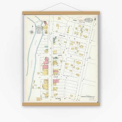 Old map wall art mockup — magnetic wood frame on white wall — Sanborn Fire Insurance Map from Montevideo, Chippewa County, Minnesota (1899), Sheet #0004