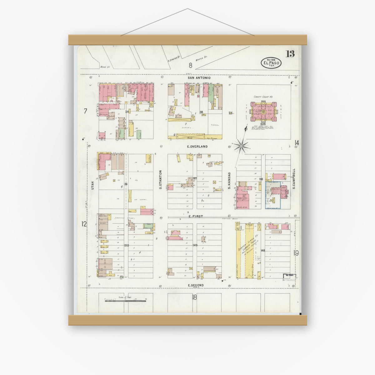 Old map wall art mockup — magnetic wood frame on white wall — Sanborn Fire Insurance Map from El Paso, El Paso County, Texas (1898), Sheet #0013