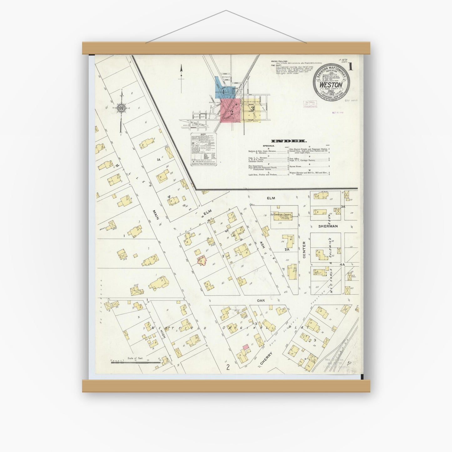 Old map wall art mockup — magnetic wood frame on white wall — Sanborn Fire Insurance Map from Weston, Wood County, Ohio (1910), Sheet #0001