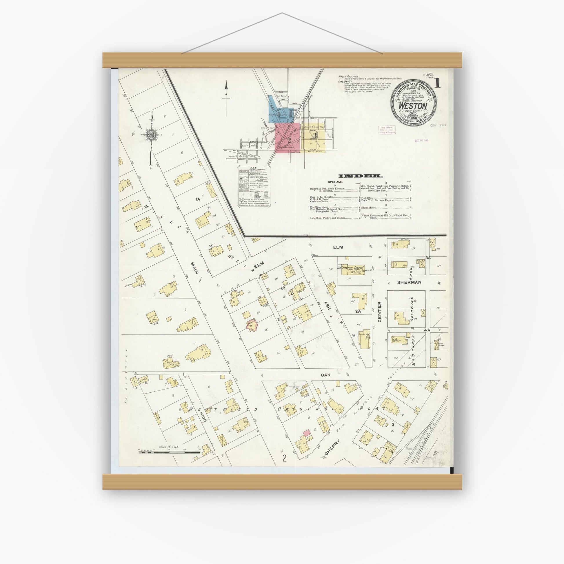 Old map wall art mockup — magnetic wood frame on white wall — Sanborn Fire Insurance Map from Weston, Wood County, Ohio (1910), Sheet #0001