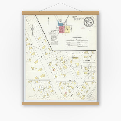 Old map wall art mockup — magnetic wood frame on white wall — Sanborn Fire Insurance Map from Weston, Wood County, Ohio (1910), Sheet #0001