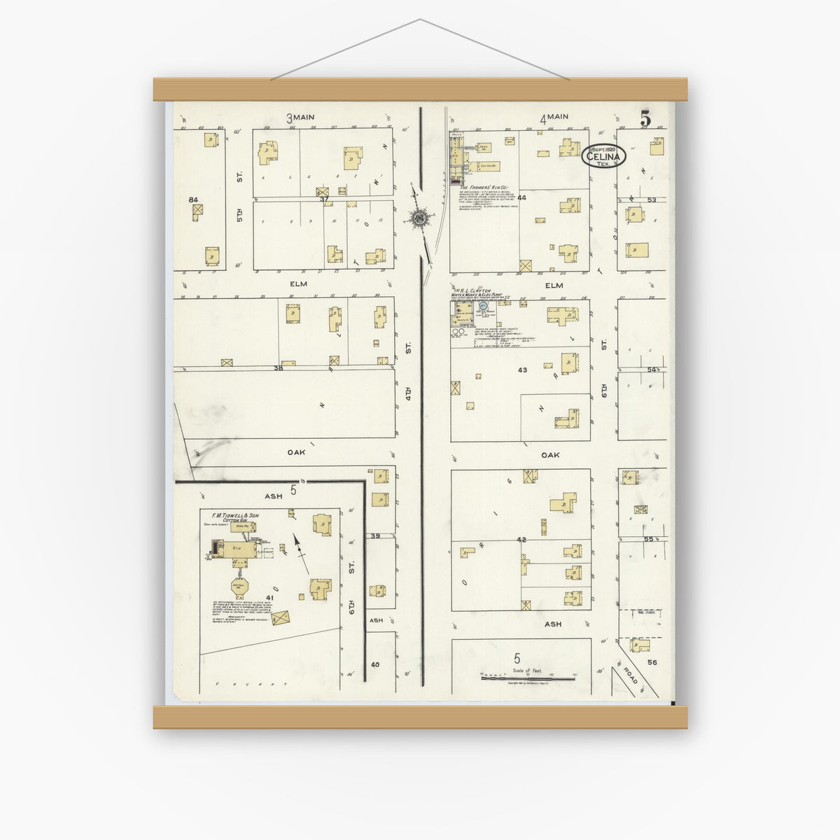Old map wall art mockup — magnetic wood frame on white wall — Sanborn Fire Insurance Map from Celina, Collin County, Texas (1920), Sheet #0005