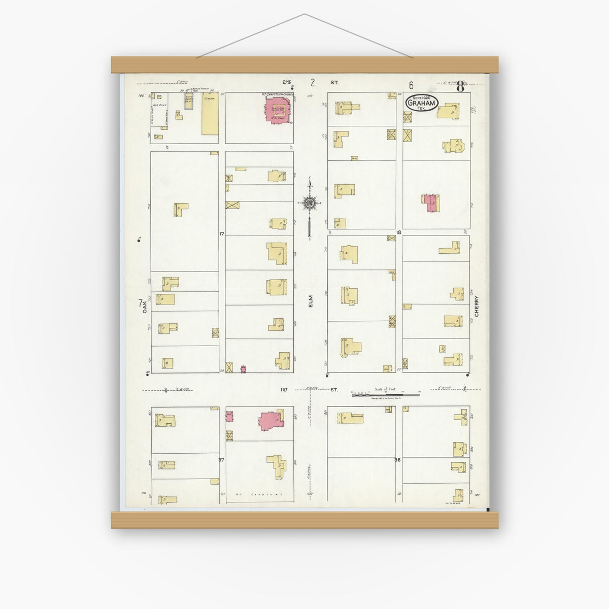 Old map wall art mockup — magnetic wood frame on white wall — Sanborn Fire Insurance Map from Graham, Young County, Texas (1920), Sheet #0008
