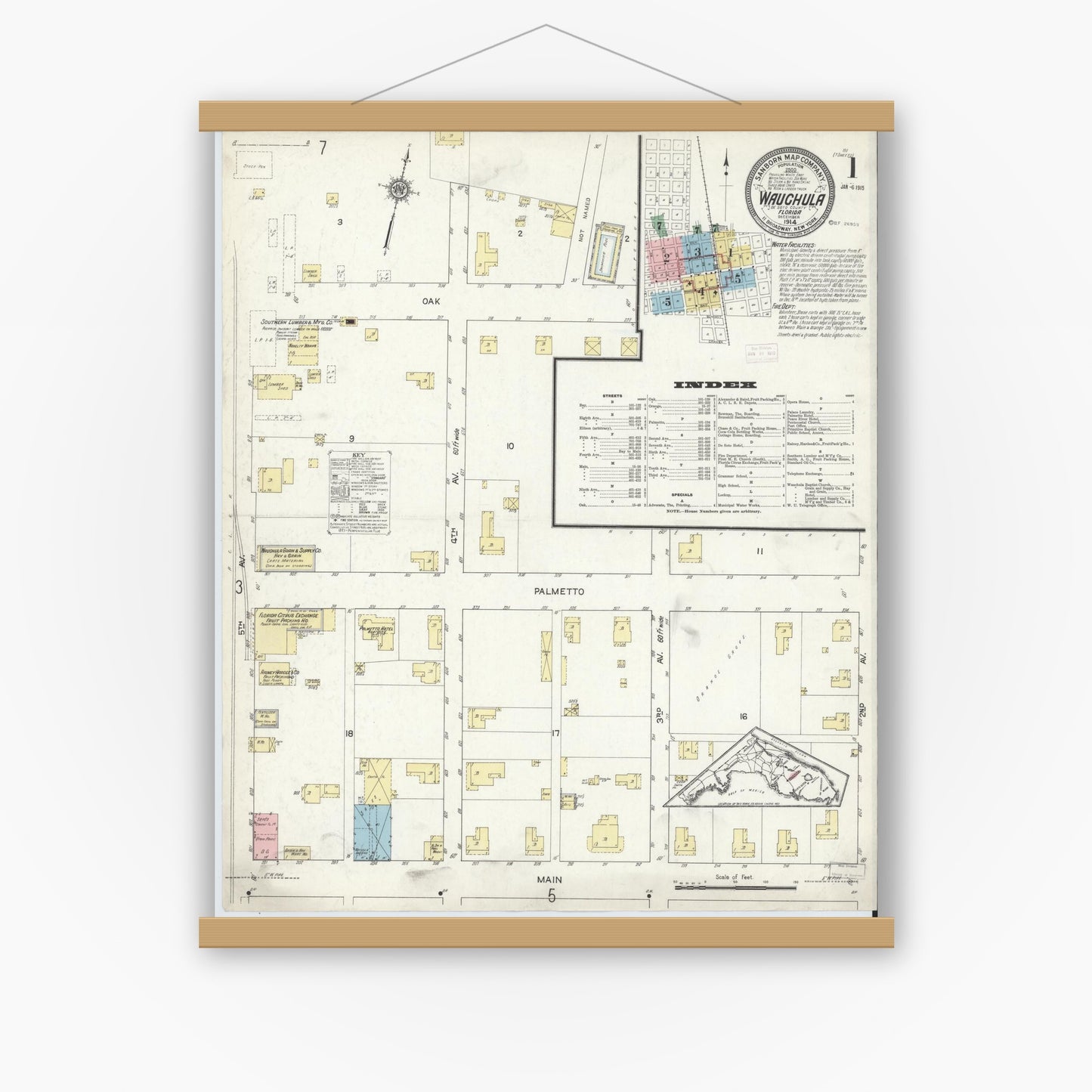Old map wall art mockup — magnetic wood frame on white wall — Sanborn Fire Insurance Map from Wauchula, Hardee County, Florida (1914), Sheet #0001