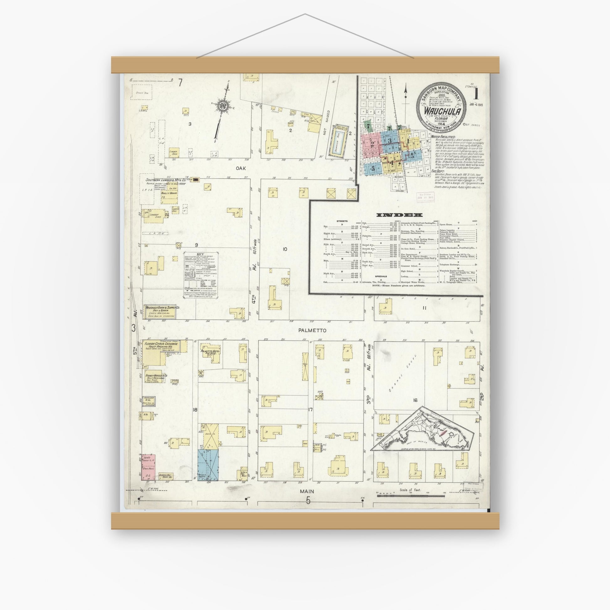 Old map wall art mockup — magnetic wood frame on white wall — Sanborn Fire Insurance Map from Wauchula, Hardee County, Florida (1914), Sheet #0001