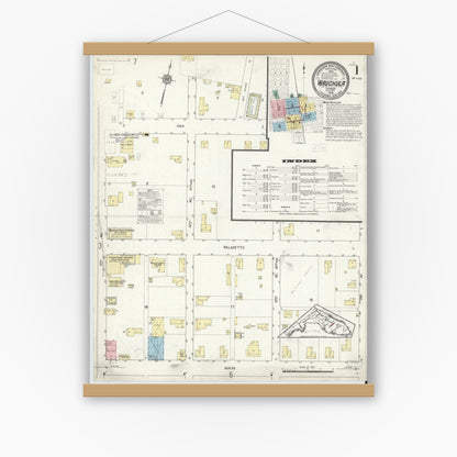 Old map wall art mockup — magnetic wood frame on white wall — Sanborn Fire Insurance Map from Wauchula, Hardee County, Florida (1914), Sheet #0001
