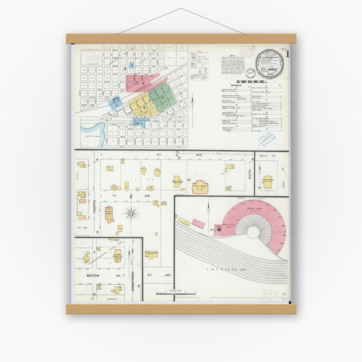 Old map wall art mockup — magnetic wood frame on white wall — Sanborn Fire Insurance Map from Saint James, Watonwan County, Minnesota (1899) - Complete Map Set