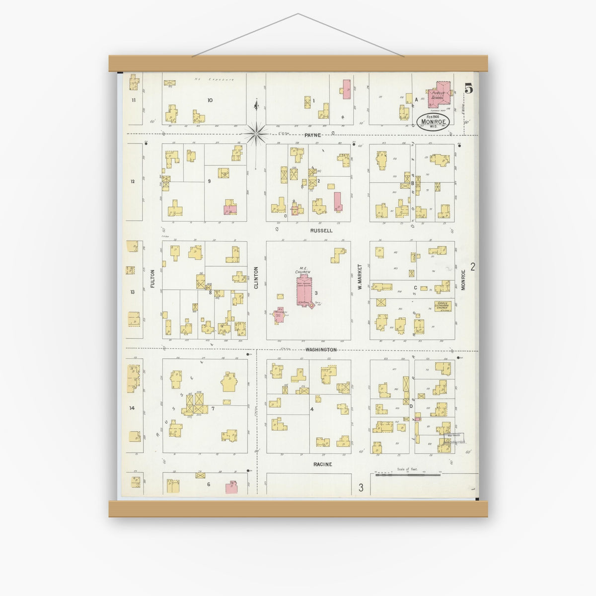Old map wall art mockup — magnetic wood frame on white wall — Sanborn Fire Insurance Map from Monroe, Green County, Wisconsin (1900), Sheet #0005