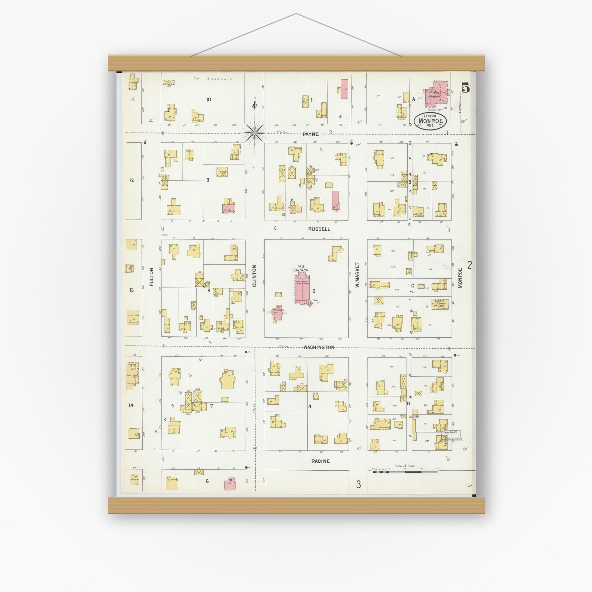 Old map wall art mockup — magnetic wood frame on white wall — Sanborn Fire Insurance Map from Monroe, Green County, Wisconsin (1900), Sheet #0005