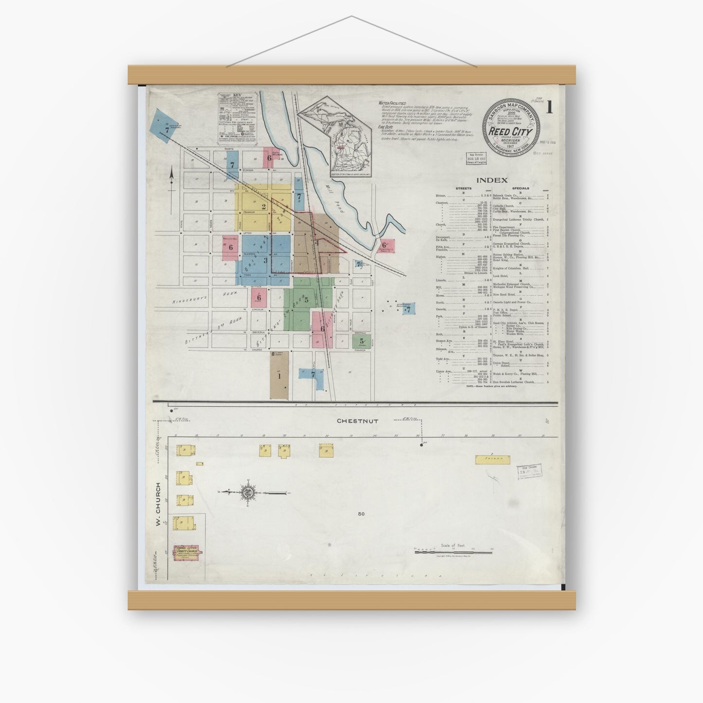Old map wall art mockup — magnetic wood frame on white wall — Sanborn Fire Insurance Map from Reed City, Osceola County, Michigan (1917) - Complete Map Set