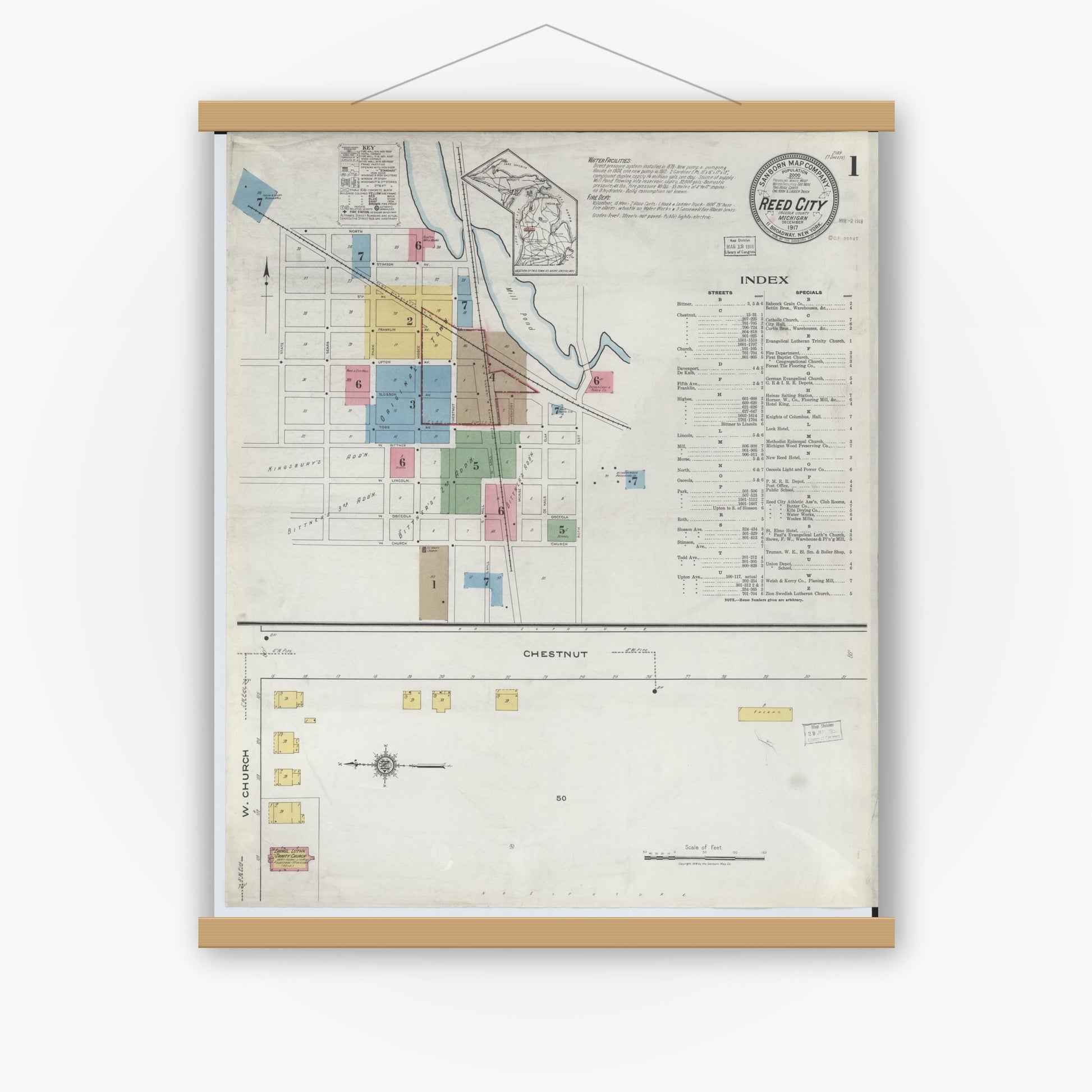 Old map wall art mockup — magnetic wood frame on white wall — Sanborn Fire Insurance Map from Reed City, Osceola County, Michigan (1917) - Complete Map Set