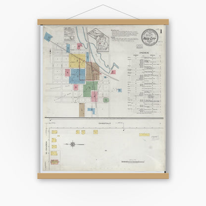 Old map wall art mockup — magnetic wood frame on white wall — Sanborn Fire Insurance Map from Reed City, Osceola County, Michigan (1917) - Complete Map Set