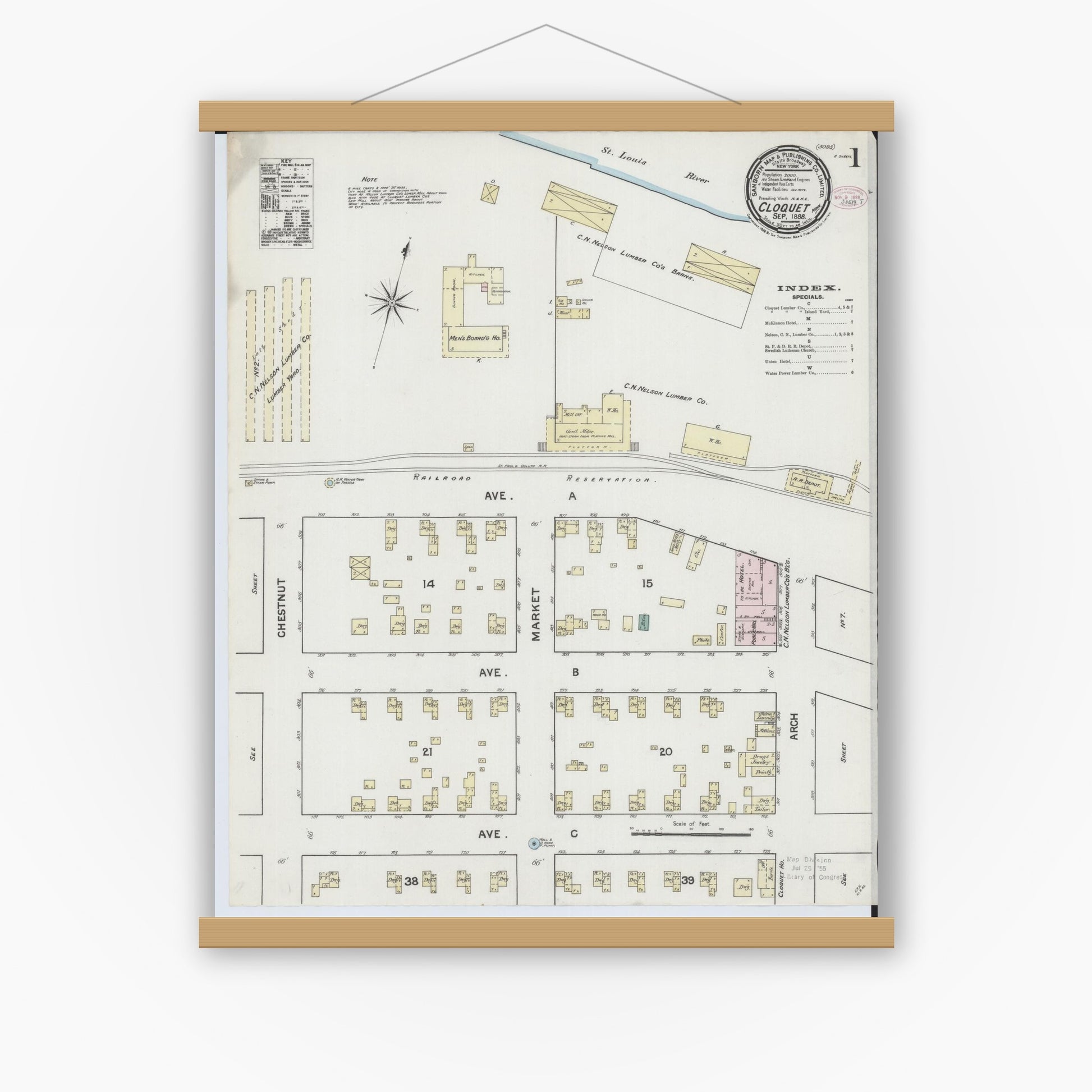 Old map wall art mockup — magnetic wood frame on white wall — Sanborn Fire Insurance Map from Cloquet, Carlton County, Minnesota (1888) - Complete Map Set