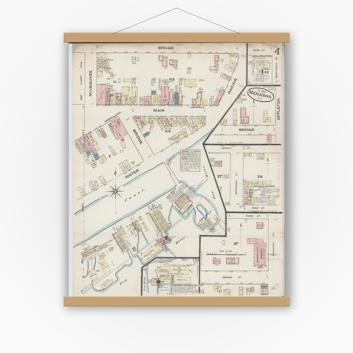 Old map wall art mockup — magnetic wood frame on white wall — Sanborn Fire Insurance Map from Menasha, Winnebago County, Wisconsin (1884), Sheet #0004