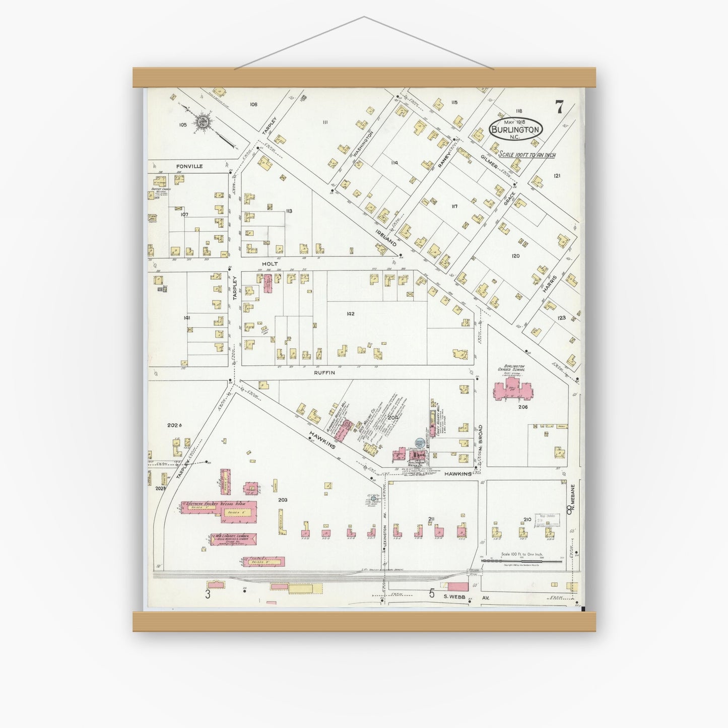 Old map wall art mockup — magnetic wood frame on white wall — Sanborn Fire Insurance Map from Burlington, Alamance County, North Carolina (1918), Sheet #0007