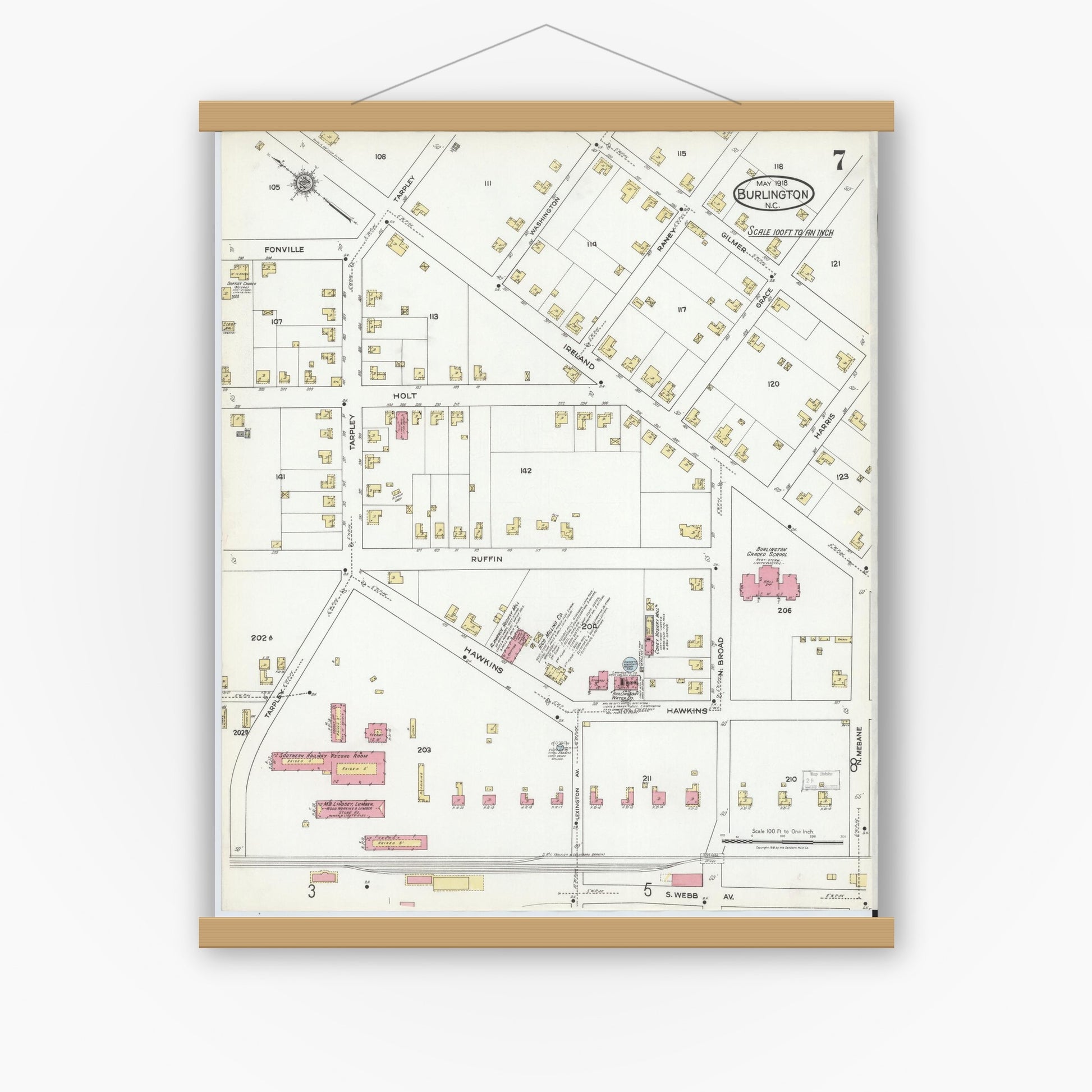 Old map wall art mockup — magnetic wood frame on white wall — Sanborn Fire Insurance Map from Burlington, Alamance County, North Carolina (1918), Sheet #0007