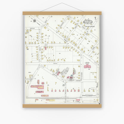Old map wall art mockup — magnetic wood frame on white wall — Sanborn Fire Insurance Map from Burlington, Alamance County, North Carolina (1918), Sheet #0007