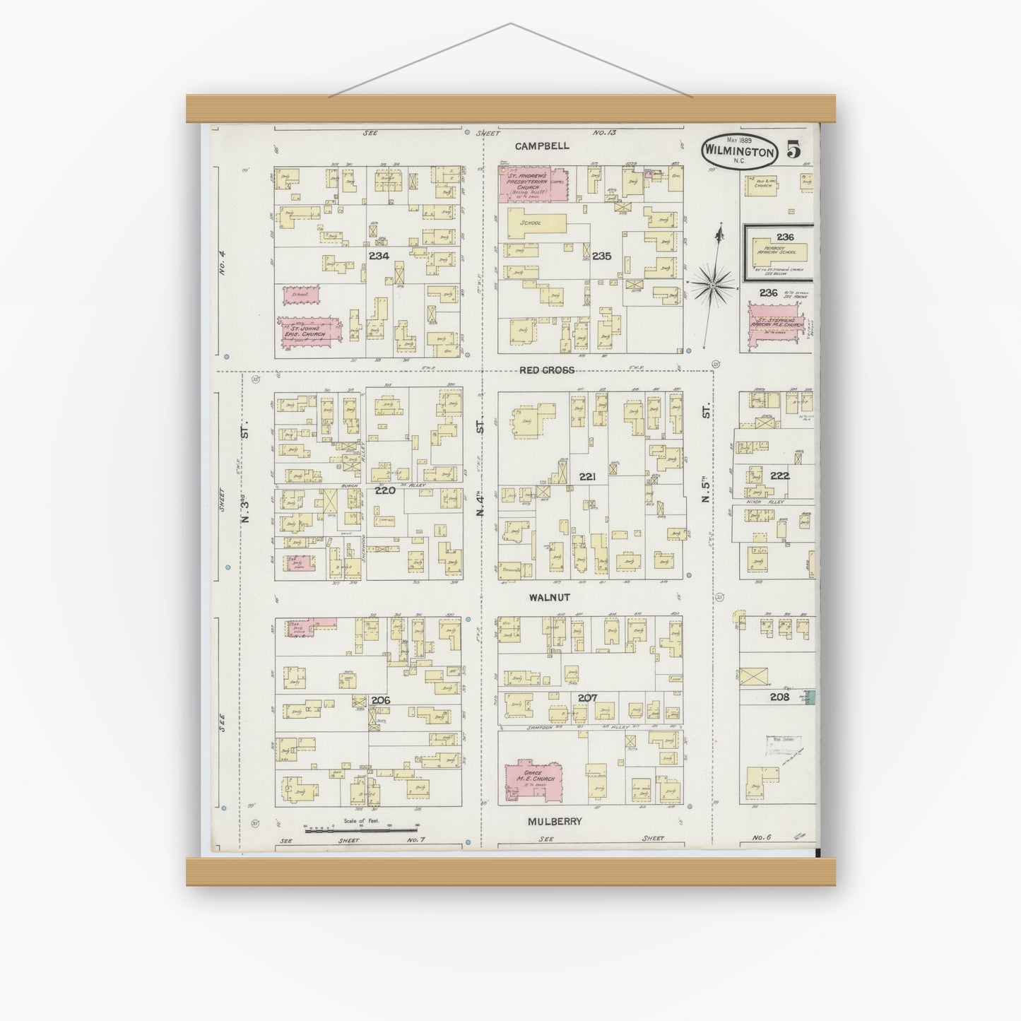 Old map wall art mockup — magnetic wood frame on white wall — Sanborn Fire Insurance Map from Wilmington, New Hanover County, North Carolina (1889), Sheet #0005