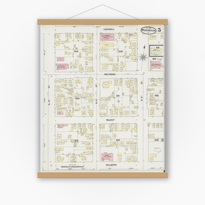 Old map wall art mockup — magnetic wood frame on white wall — Sanborn Fire Insurance Map from Wilmington, New Hanover County, North Carolina (1889), Sheet #0005