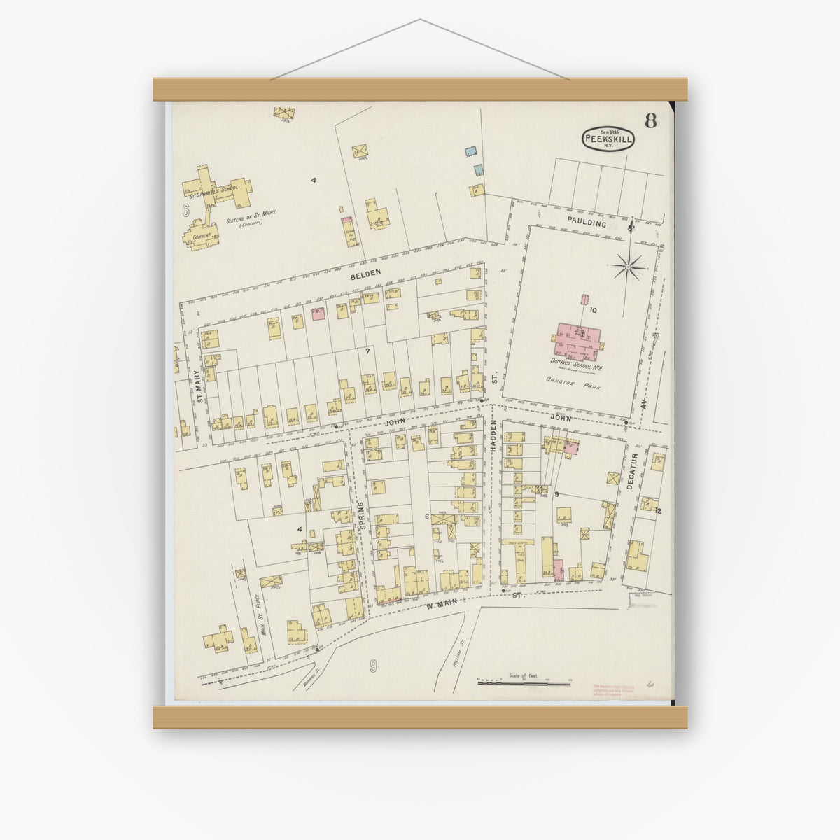 Old map wall art mockup — magnetic wood frame on white wall — Sanborn Fire Insurance Map from Peekskill, Westchester County, New York (1895), Sheet #0008